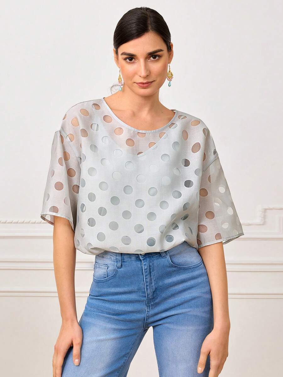 LOTSLUV 女士优雅春夏两件套：宽松灰色圆领短袖上衣，饰有半透明灰色波点图案，搭配灰色吊带背心 - 灰色 - 查看 1