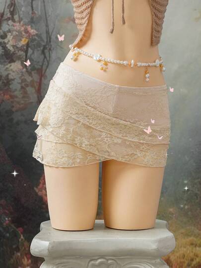 EgrlEra Women's Fashionable Beige Multi-Layered Criss-Cross Lace Skirt