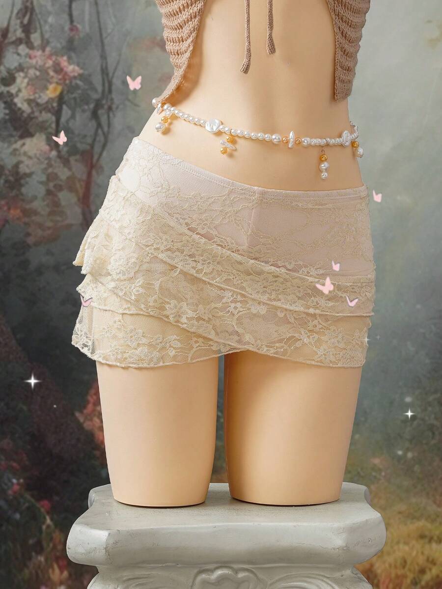 EgrlEra 女士时尚米色多层交叉蕾丝半身裙 - 米色 - 查看 1