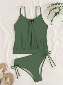 Swim Lushoire Summer Vacation Beach Solid Color Tankini Set - Dark Green - View 1