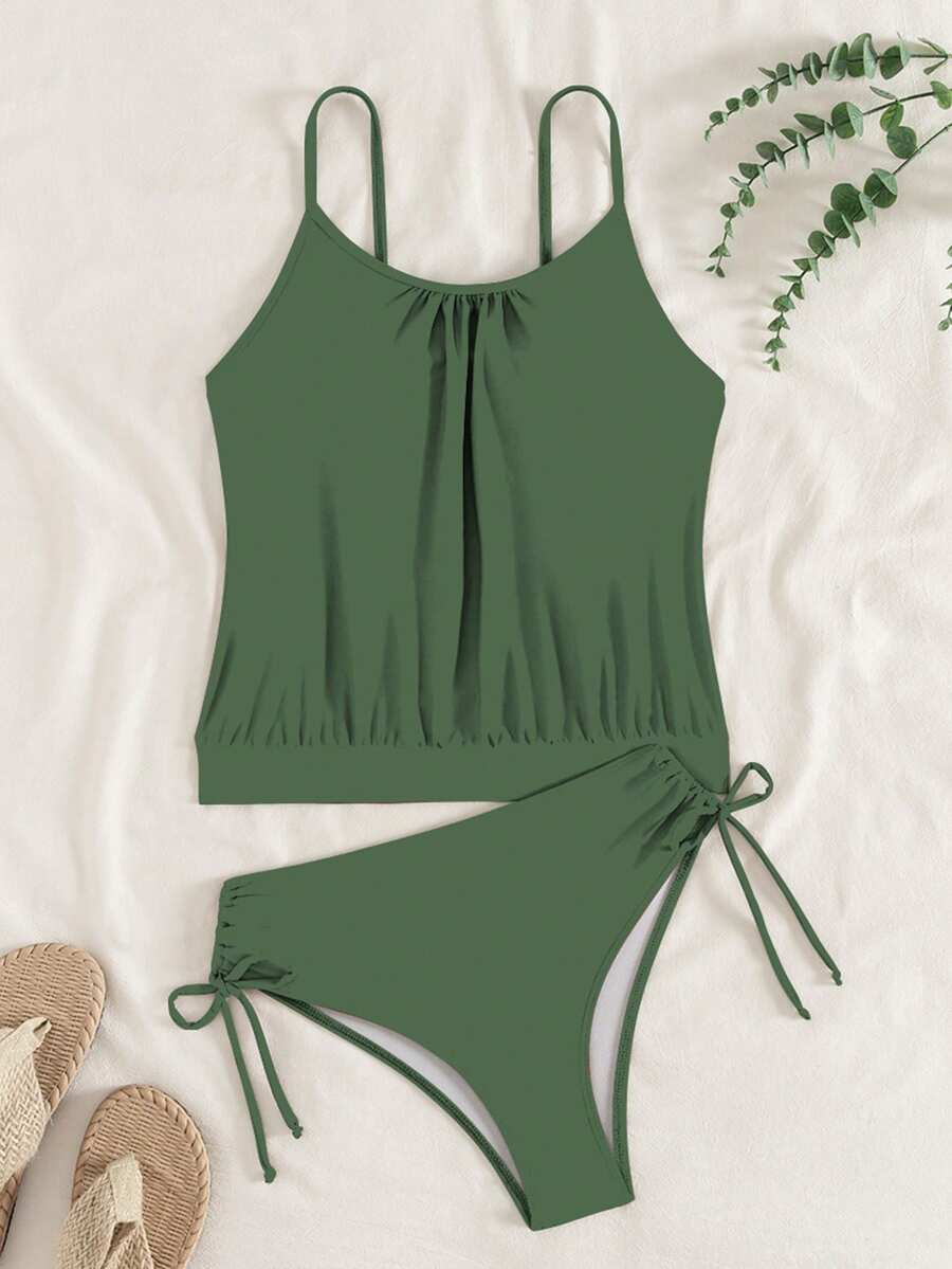 Swim Lushoire Summer Vacation Beach Solid Color Tankini Set - Dark Green - View 1