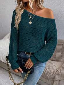 Women's Casual Everyday Commute Fashion Vacation Style Solid Color Pointelle Knit Asymmetrical Neck Loose Pullover Sweater, Autumn/Winter - Dark Green - View 5
