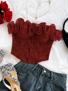 Soleia Top bandeau elegante con volantes y estampado jacquard para mujer - Rojo - Ver 5