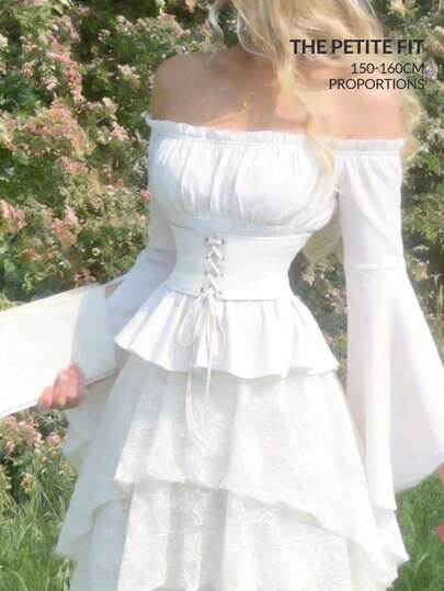 SHEIN MOD Fit For The 150-160cm,Petite Perfect,Designed For Petites,Women's Autumn Simple Solid Color Off-Shoulder Frill Trim Waist Flare Sleeve Blouse, Fit For The 150-160cm, Petite Perfect, Designed For Petites, Spring/Summer Outfit, Boho, Western Style, Going Out Tops, Long Sleeve Shirt, Tea Party Outfit, Vacation, Milkmaid Top