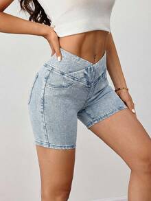 SHEIN Tall 女士牛仔短裤，休闲修身款短裤 - 淺色水洗藍 - 查看 4