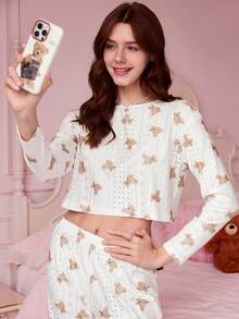 Bonmuse 两件套女士圆领长袖上衣+松紧腰裤睡衣套装 - 白色 - 查看 6