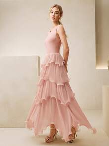 Anewsta Summer Vacation Versatile All-Match Knit Camisole Spliced Layered Ruffle Hem Dress, Elegant Long Dress For Women, Pink - Pink - View 6