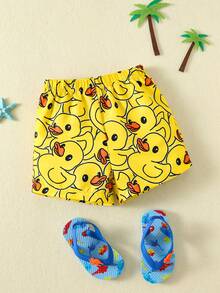 SHEIN 男婴可爱小鸭印花泳裤，适合海滩、游泳、冲浪、防晒 - 黃色 - 查看 3