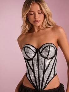 Glamine Women's Black And Silver Rhinestone Corset Top,Metallic Bandeau Top With Contrast Trim And Asymmetric Hem,Summer 70s Party Tops - Apricot - View 4