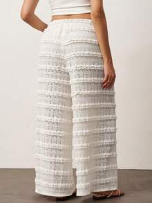 Enliva 大码波西米亚风秋冬女装休闲度假风纯色波点针织蕾丝荷叶边高腰直筒裤，适合海滩度假、西部乡村风音乐会度假等场合，也适合日常穿着。白色阔腿裤，适合苹果型和圆润身材，夏季穿着。 - 白色 - 查看 11