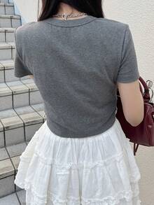 FRIFUL Women's Round Neck Fitted Lace Patchwork Bow Tie Decor Contrast Color Sweet T-Shirt - Grey - View 5