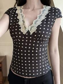 DAZY Women's Lace Patchwork Polka Dot Fitted T-Shirt, Summer - Black and White - View 3