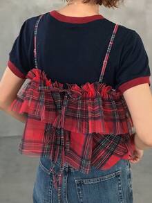 FRIFUL Mesh Plaid Lace-Up Layered Pleated Frill Trim Loose Casual Versatile Camisole Summer Graphic Tee - Red - View 5