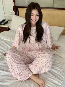 Dazy Plus 两件套优雅碎花宽松睡衣套装，包含上衣和裤子，大码女式春夏秋季睡衣 - 粉色 - 查看 7