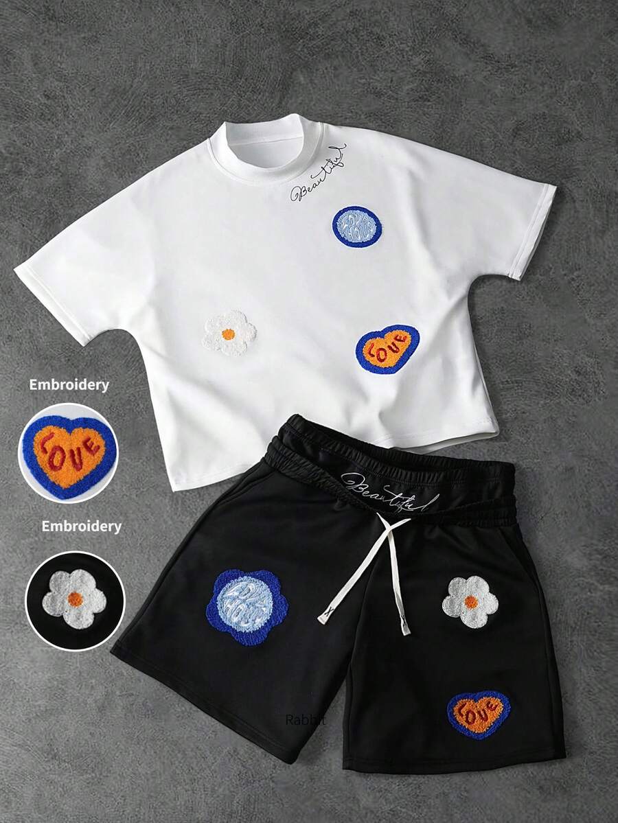 Manfinity Roghcode Men's Embroidered T-Shirt And Shorts Set - Black and White - View 1