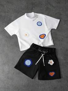 Manfinity Roghcode Men's Embroidered T-Shirt And Shorts Set - Black and White - View 10