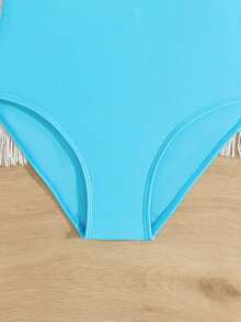 SHEIN 少女连体泳衣，可爱女孩旅行度假蝴蝶结条纹针织面料长袖防晒拉链设计连体裤，时尚休闲优雅女士适合游泳、夏季度假、海滩、泳池、假日派对 - 藍色 - 查看 5