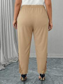 Reflora Plus Size Women Casual/Work Solid Color Lace Trim Pants - Apricot - View 2
