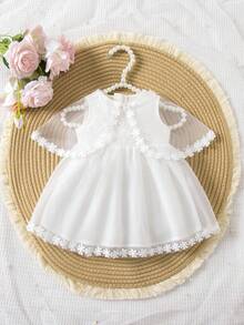 SHEIN Elegantes, süßes weißes Blumenbesticktes Mesh-Kleid für Neugeborene Baby Mädchen - Weiss - Übersicht 8