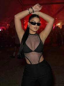 SHEIN SXY Women's Sexy Mesh Sheer High-Cut Hem Bodysuit, Summer - Black - View 1