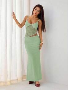 SHEIN PETITE 夏季海滩度假风纯色蕾丝性感透视吊带长裙，适合日常约会、夜间外出、夜店、派对等场合。 - 薄荷綠 - 查看 6