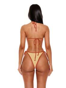 Musera Resort Áo bikini tam giác cổ yếm viền tương phản, áo bikini phối đồ, chỉ có phần áo, thích hợp cho kỳ nghỉ hè, du lịch, gợi cảm, phong cách Ibiza, nữ tính, màu pastel, mùa xuân. - Màu vàng - Xem 3