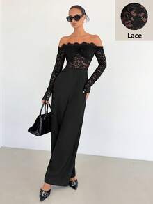 Siren Gaze 女士性感蕾丝透视镂空露肩连体裤，黑色，优雅蕾丝拼接一体式连体裤 - 黑色 - 查看 3