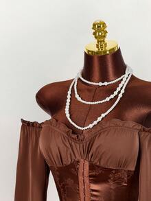 Amplova Đầm ngắn tay dài trễ vai cho nữ, màu trắng, xếp ly jacquard, thắt eo, dây buộc xếp ly, dây đeo bèo nhún, trễ vai, nhiều lớp bèo nhún ở gấu váy, dáng chữ A, chất liệu chiffon, thanh lịch cho tiệc tùng và mùa thu/đông. - màu nâu - Xem 4