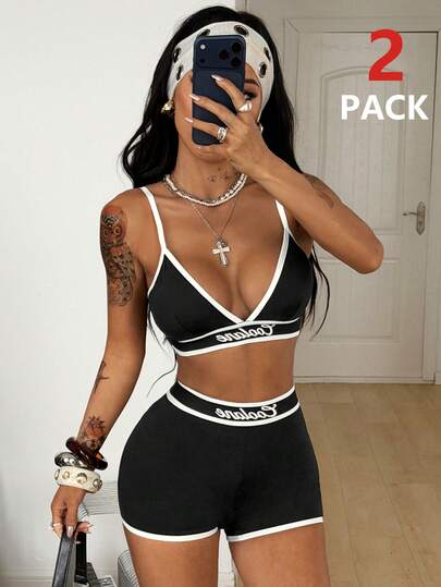 Coolane 女士春夏街头休闲运动装，时尚学院风基础款度假套装，沙滩装，弹力舒适健身瑜伽运动黑色运动文胸比基尼上衣和高腰弹力腰带毛衣短裤运动套装/两件套