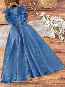 EMERY ROSE Váy denim xếp nếp cài nút nửa thân thường ngày dành cho nữ, mùa hè - Màu xanh lam - Xem 1
