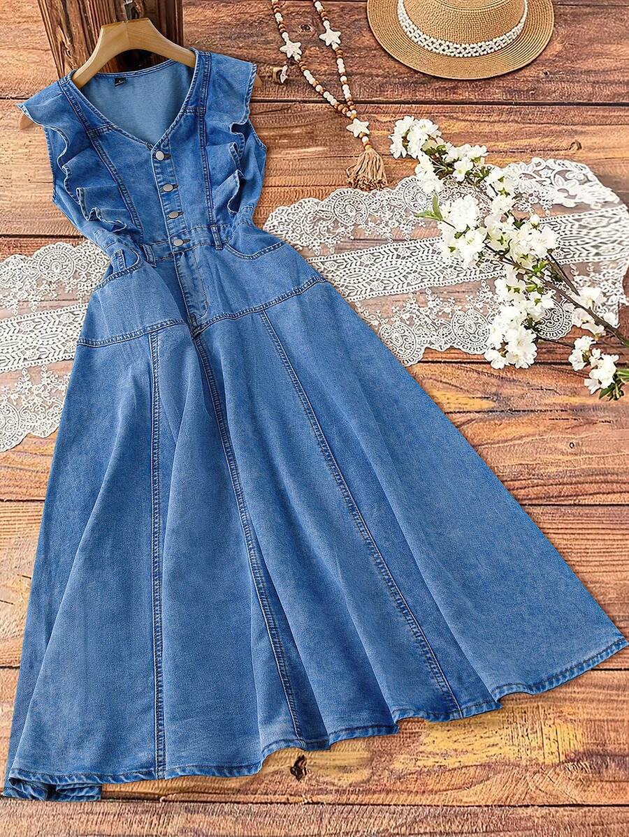 EMERY ROSE Váy denim xếp nếp cài nút nửa thân thường ngày dành cho nữ, mùa hè - Màu xanh lam - Xem 1