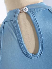 SHEIN 女童优雅时尚奢华吊带交叉肩无袖高腰收腰喇叭不对称下摆设计纯色缎面亮面面料高端圣诞节、毕业典礼、派对、万圣节活动礼服 - 藍色 - 查看 5