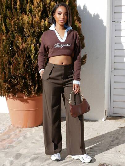 Yess Loren 女士纯色褶皱高腰直筒阔腿裤