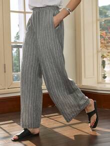 Dazy-Less Women's Casual Striped Print Loose Wide Leg Pants, Suitable For Vacation, Daily Commute Summer - Grey - View 4