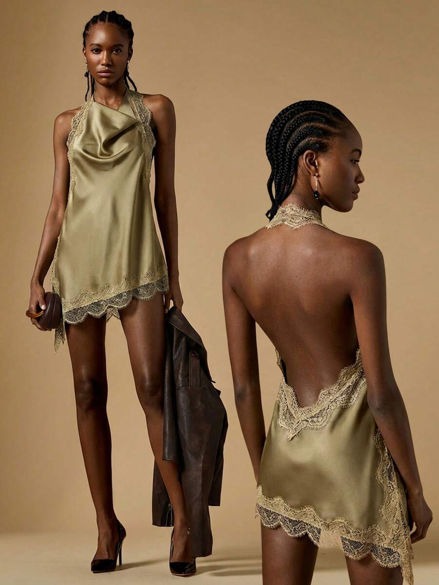 Briarwyn Atasan Halter Seksi Tanpa Punggung dengan Detail Renda Warna Polos untuk Wanita - Khaki - View 1