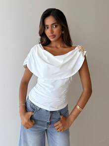 Aloruh Women's Spring/Summer New Elegant Romantic Chic Minimalist Fashionable Date/Work Floral Metal Buckle Artistic Draped Neck Ruched Waist Blouse - White - View 5