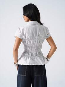 LYSMO Women's Casual Checkered Print Ruffle Hem Fitted Blouse, Suitable For Daily Wear And Commuting - White - View 2