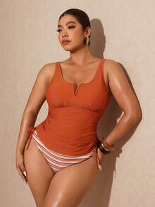 Elaquor Plus Size Solid Color Vest & Striped Triangle Tankini Set, Vacation Beach Spring/Summer Set For Women Spring/Summer Swimwear For Women - Multicolor - View 4