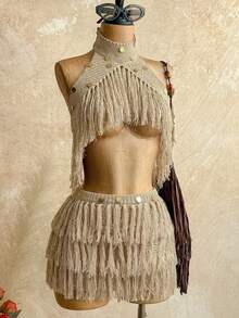 Soleia Fringe Detail Knit Top, Ibiza Style, Sexy Holiday Celebration Knit Vacation, Autumn/Winter - Apricot - View 3