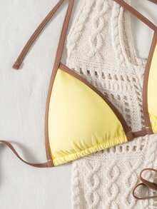 Swim Mod Bộ bikini gợi cảm buộc dây cổ phối màu tương phản dành cho nữ, thích hợp mặc đi biển mùa hè. - Màu vàng - Xem 4