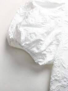 SHEIN Đầm chữ A màu trắng thanh lịch dành cho bé gái tuổi teen, chất liệu jacquard, cổ chữ V, tay áo xếp nếp, eo thon. - trắng - Xem 6