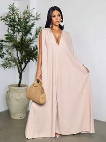 SOLERSUN 女士波西米亚风时尚深V领橘色纹理露背长裙，是热带度假、度假村派对和夏季户外拍照的理想之选。柔软透气的面料，适合度假旅行和夏季晚间活动。 - 卡其色 - 查看 3