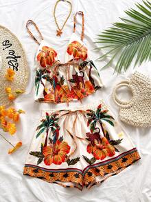 Soleia 女士热带印花吊带背心和短裤两件套，休闲度假装 - 彩色 - 查看 3
