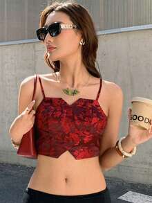 EastFlair Camiseta sin tirantes mini sexy de estilo neochino de jacquard, conjunto de verano, blusas de verano, atuendos de vacaciones de verano, conjunto de primavera para mujer, Día de San Valentín, atuendos de San Valentín para mujer, vestidos elegantes para fiestas, blusas elegantes para salir - Burdeos - Ver 4