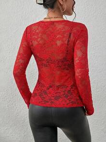 SHEIN Tall CURVE Áo kiểu ren xuyên thấu gợi cảm, thanh lịch dành cho phụ nữ cỡ lớn - Đỏ - Xem 2