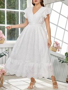 Reflora 大码女式刺绣荷叶袖收腰连衣裙 - 白色 - 查看 8