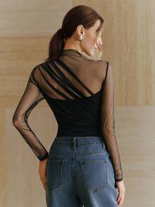 Anewsta New Elegant Fashion Holiday New Year Party Date Fitted Elastic Ruched Mesh Bodysuit For Women, Versatile & Sexy, Spring/Summer - Black - View 7