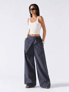 LYSMO 女士侧系腰格子阔腿宽松阔腿裤 - 深灰色 - 查看 6