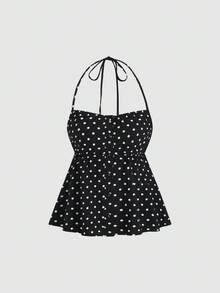 Sweetra Women's New Fashionable Versatile Bubble Polka Dot Crinkle Fabric 2 Pieces Set, Camisole Top + Long Pants - Black - View 3