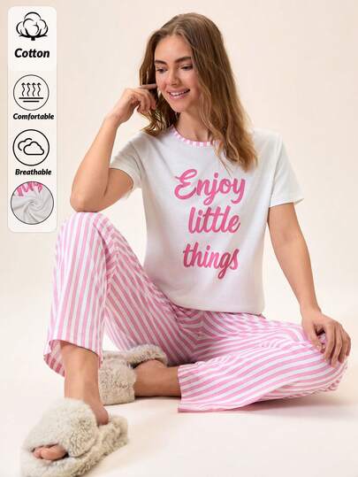 Loomlin French Girl Aesthetic: Minimalist Letter Graphic Tee & Pink Pinstripe Wide-Leg Pajama Set